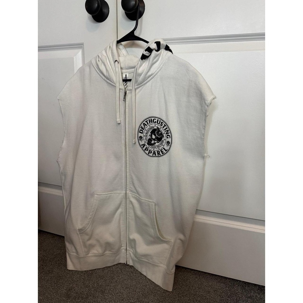 Deathgusting Apparel Mens Sleeveless Zip Up Hoodie White XXL Graphic Skull Vest